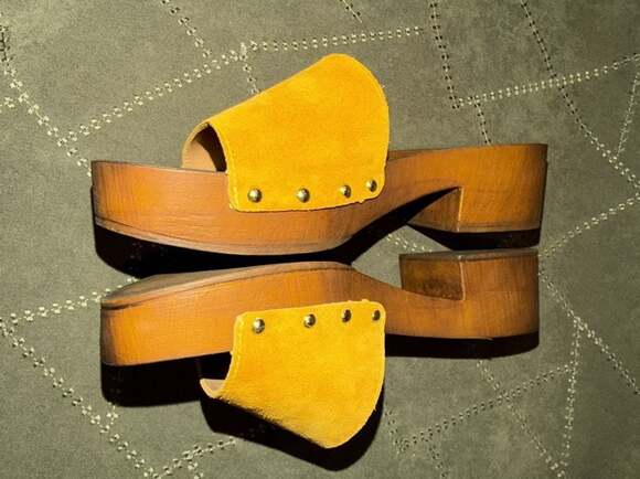 Crown Vintage Shoes - Crown Vintage Yellow Suede Platform Clog Slide Sandals